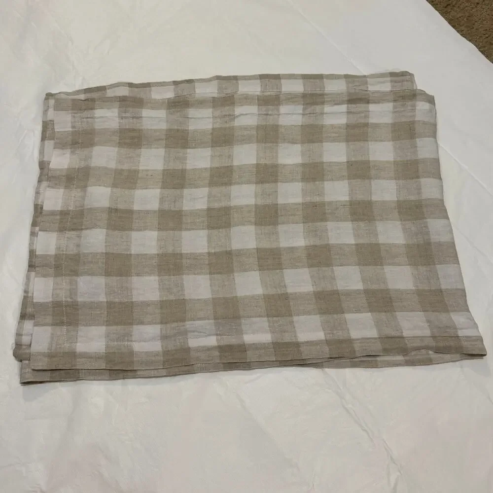 Tan White Check Linen Table Runner 17x100 inches Cottage Core Farmhouse Country